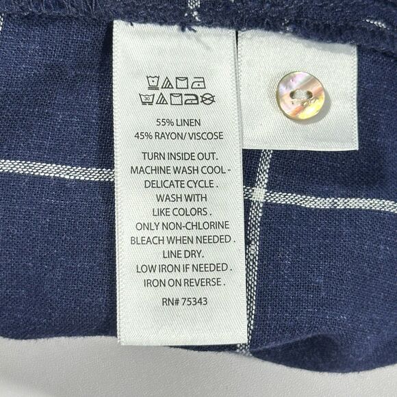 Tahari Blouse Womens 1X Navy White Windowpane Linen Blend Tunic Top Coastal - Picture 6 of 12